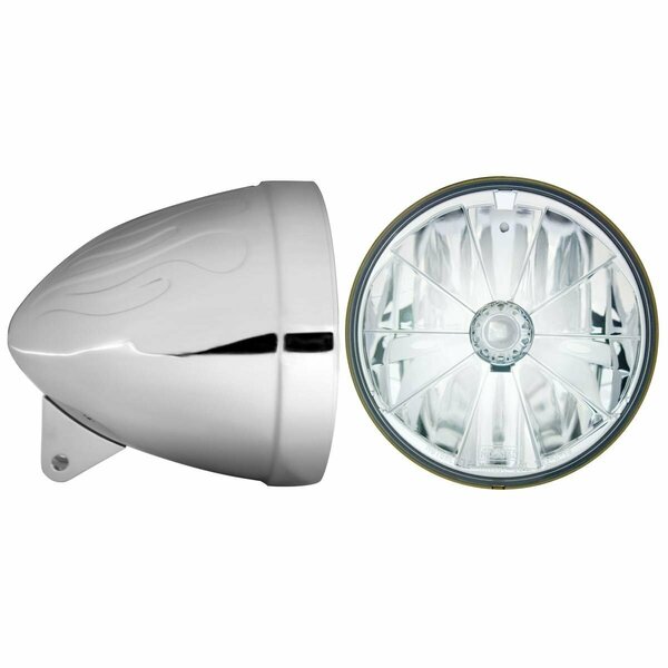 In Pro Car Wear 7 in. Flamed Headlight Bucket, Chrome with T70700 Pie Cut Lamp with H4 Bulb HB74010-7